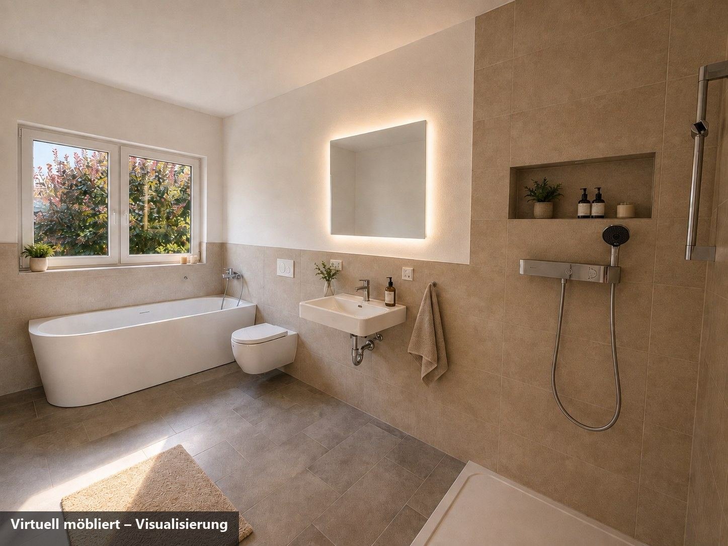 Bad der WE 1 mit Wanne und Dusche, virtuell möbliert