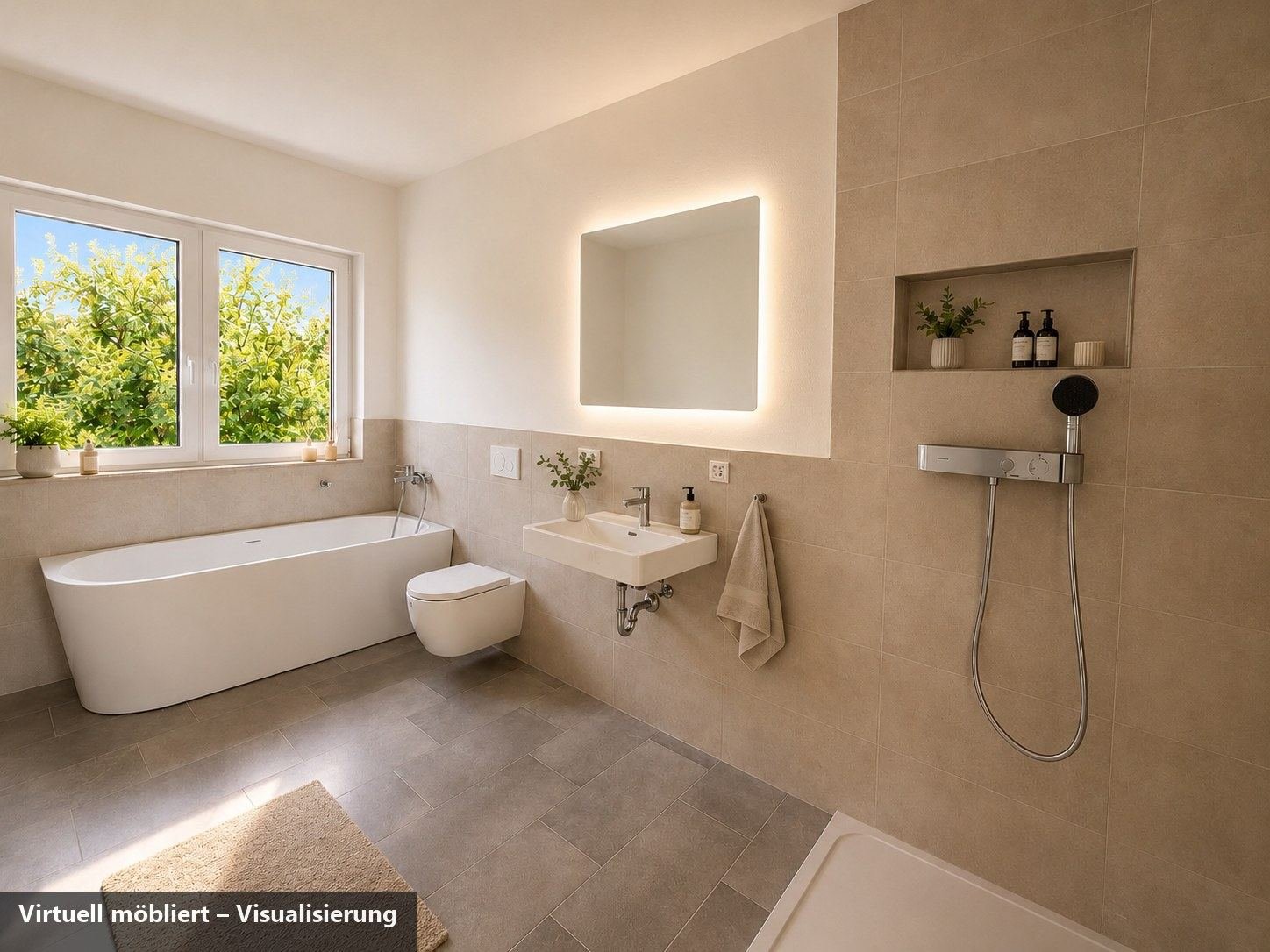 Masterbad des Penthouses, virtuell möbliert
