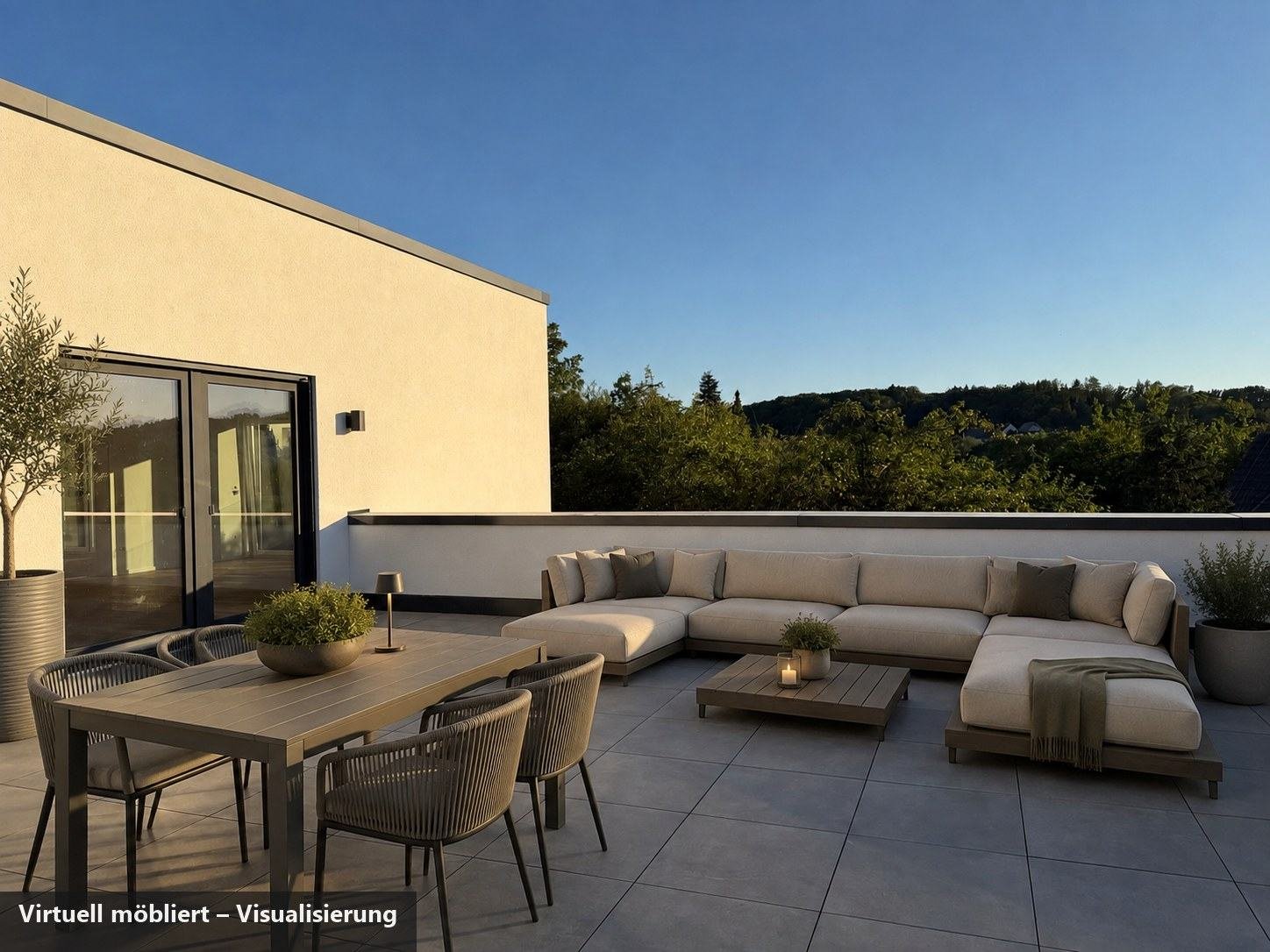 Dachterrasse des Penthouses, virtuell möbliert