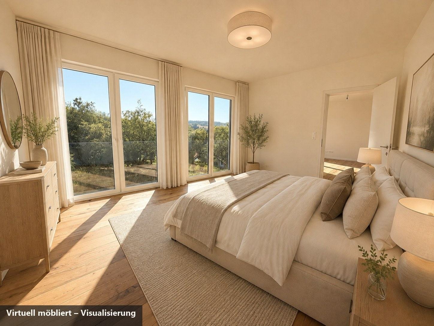 Schlafzimmer des Penthouses, virtuell möbliert