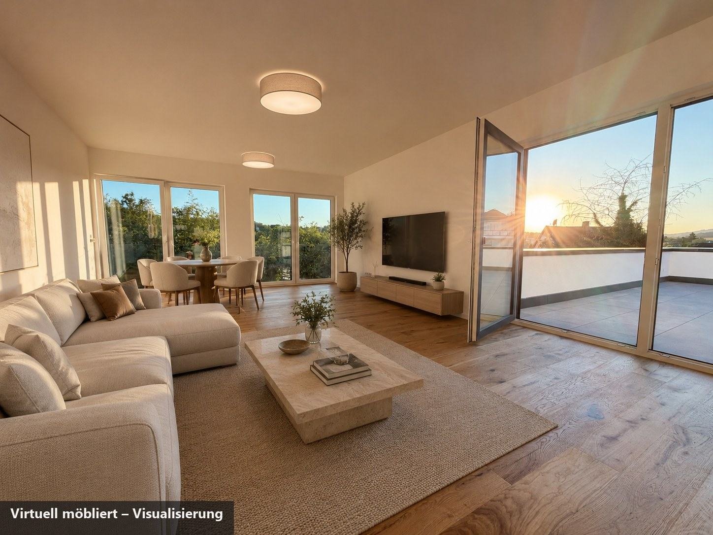 Wohnbereich des Penthouses, virtuell möbliert